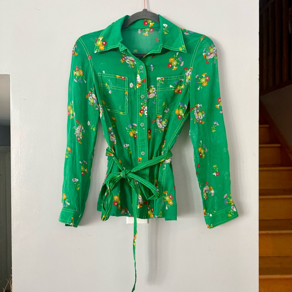 1970s Style Sheer Floral Green Button Down Shirt